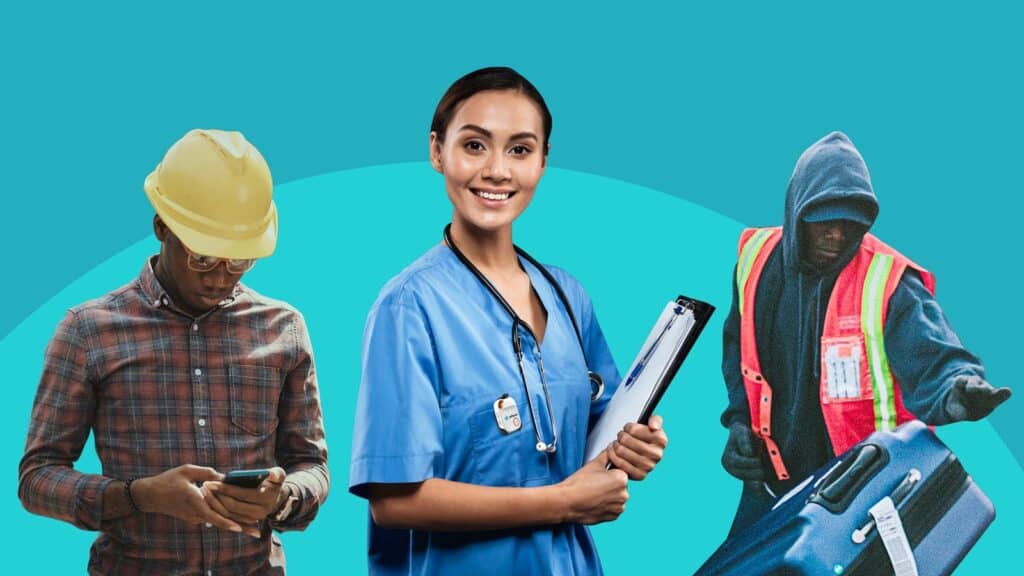 Different types of trade union employees, showing construction, nursing and aviation