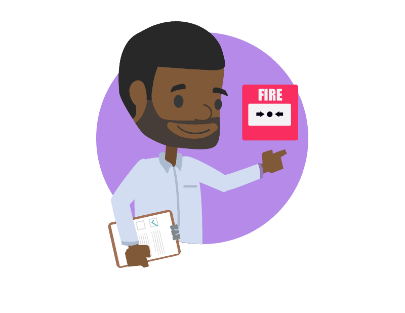 An employee with a clipboard checking a fire alarm is still operational