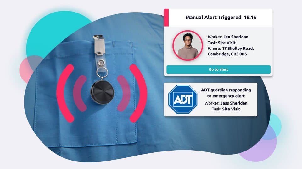 Safepoint's wearable panic alarm being triggered alongside user interface examples of the lone worker app