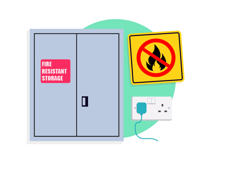 An example of how to Minimise the Potential for Fires showing fire resistant storage and warning signs