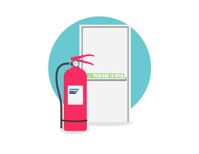 Examples of how to minimise the fire risk to staff, showing a fire extinguisher and an emergency exit