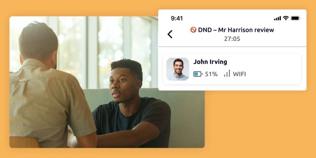 A person in a meeting and an overlay of the safepoint lone worker app interface showing critical safety information for that person