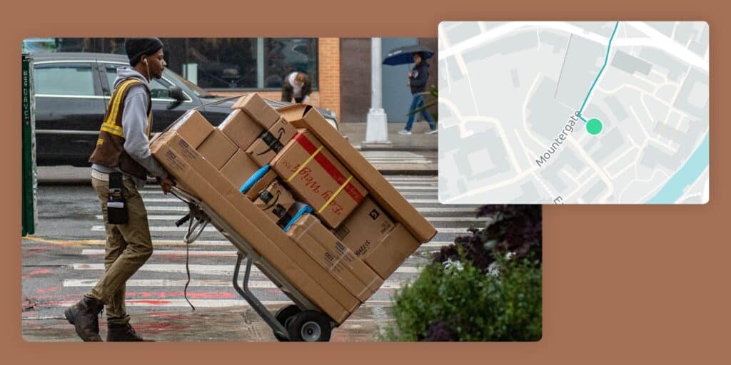 An employee wheeling a barrow of parcels with an overlaid map showing their location