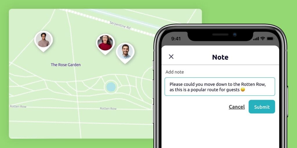 A number of employees shown on a map alongside an example of a situational safety note on the safepoint lone worker app