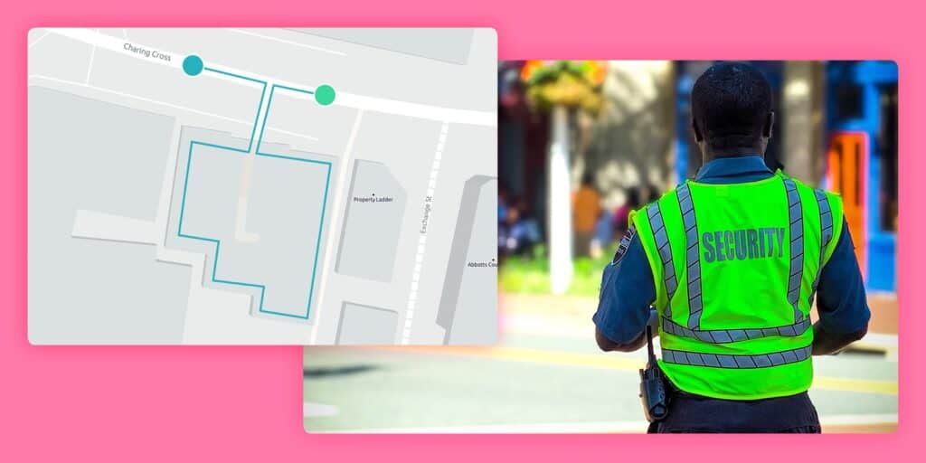 A security guard next to an example of mapped routes in the safepoint lone working app