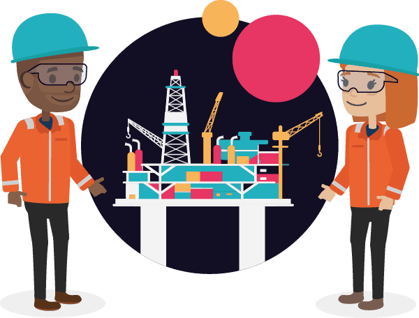 A graphic of oil and gas workers next to an oil ring