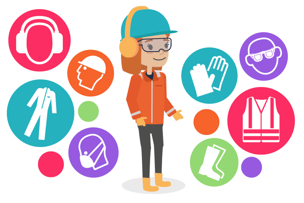 An image of a person in PPE with PPE signs dotted around them