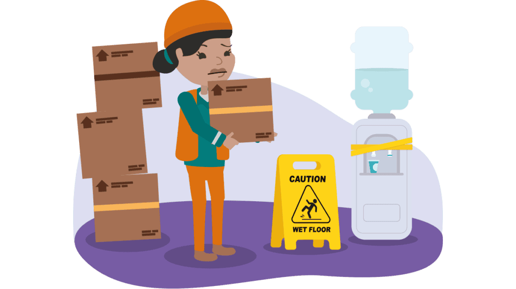 A staff member lifting an item in an office scene and looking worried about their safety