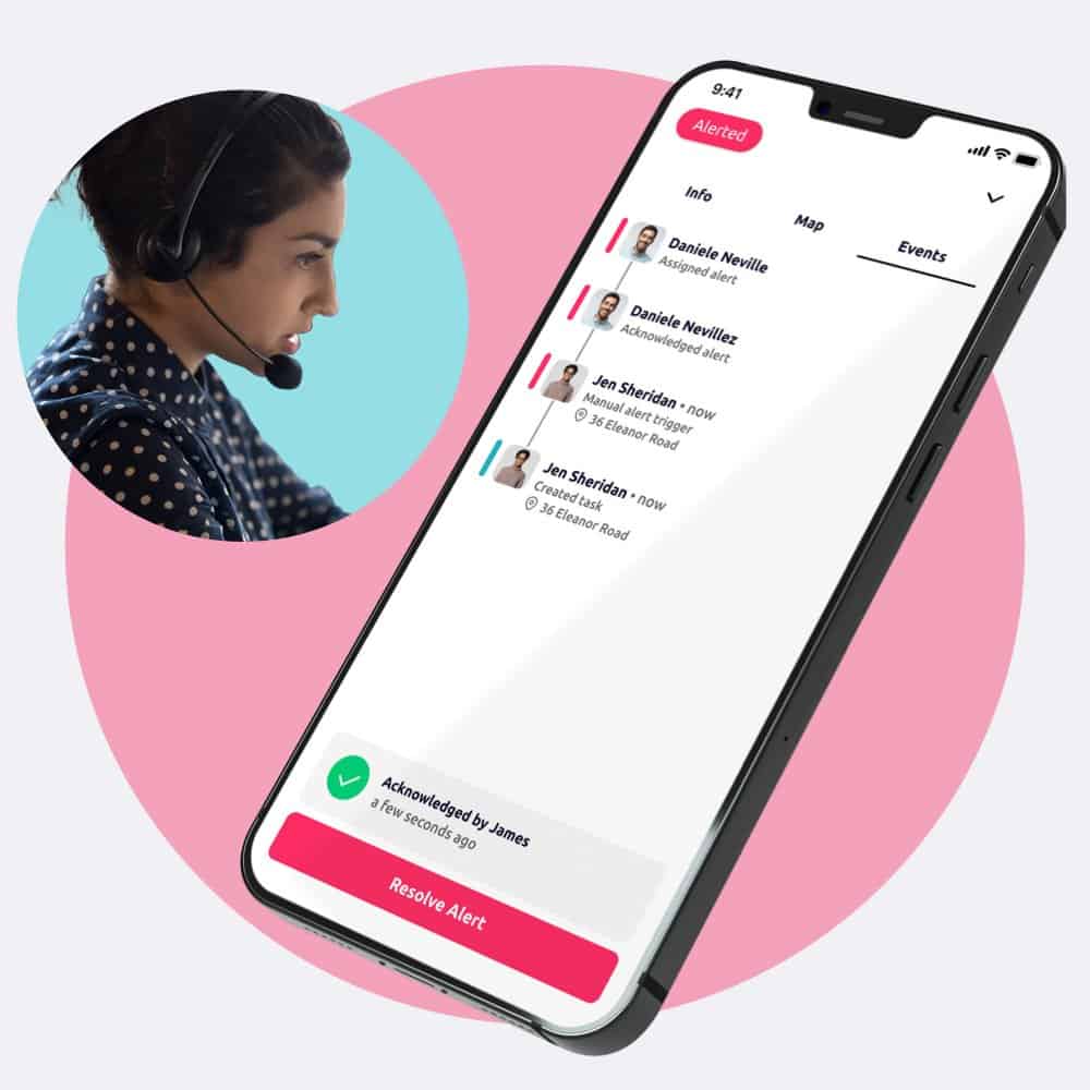 The Safepoint lone worker app with an active alarm raised and the response team responding to it