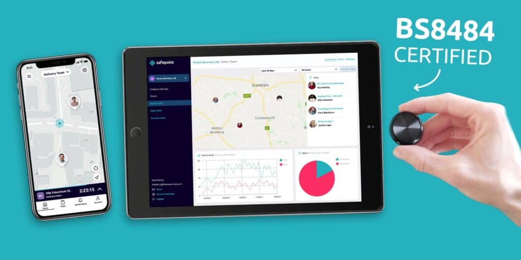 Safepoint's safety app on a mobile phone and the web portal on a tablet, with an arrow highlighting the system is accredited to british standard 8484