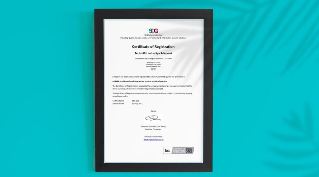 A copy of Safepoint's BS8484 2022 lone working accreditation certificate