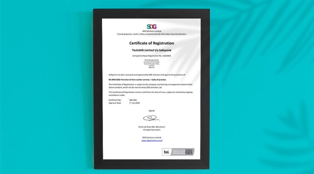 Safepoint's BS8484 2022 Accreditation Certificate