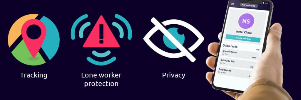 A graphic showing various features of safepoint, including tracking, lone worker protection and privacy