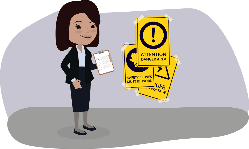 A businesses appointed competent person who manages health and safety reviewing safety posters