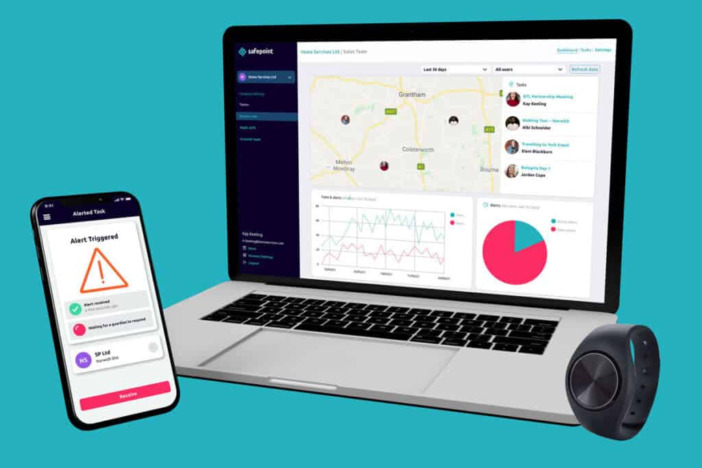 A hero shot of the Safepoint lone worker app, web portal and wearable panic alarm on a blue background
