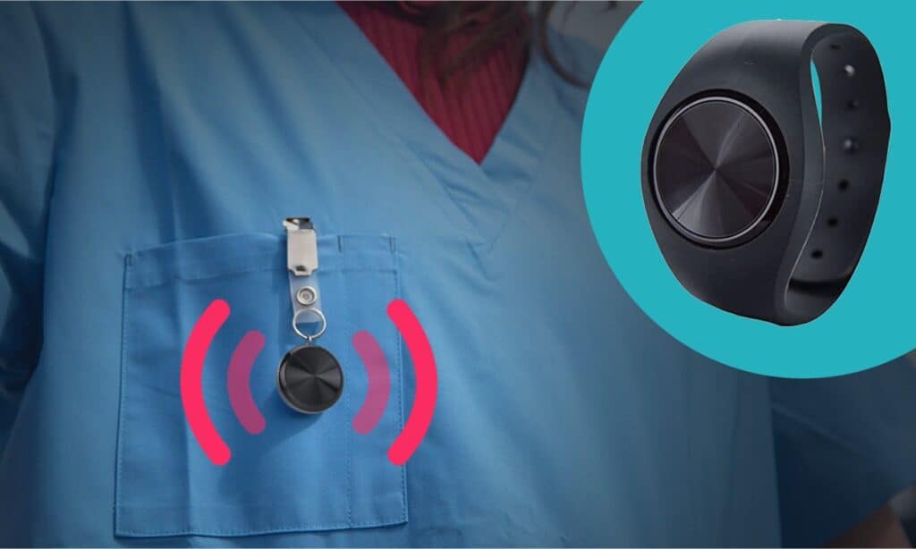 A nurse wearing the Safepoint Lone Worker Alarm device and an image of the wearable panic alarm