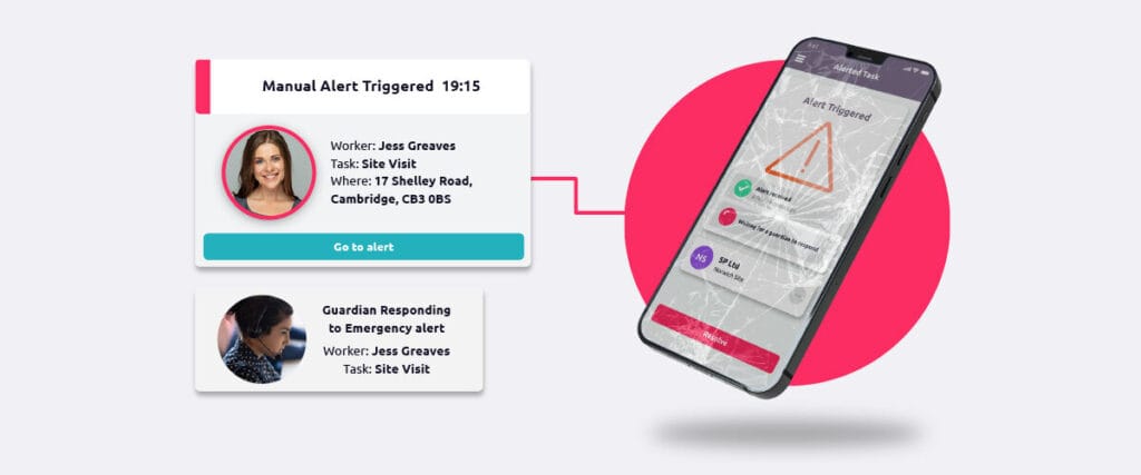 The safepoint lone worker app on a broken phone in an alarmed state, linking visually to an element showing the safety status of a lone worker