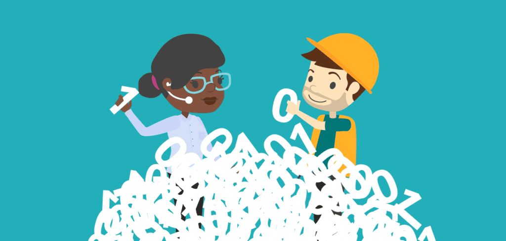 Cartoon lone workers in a pile of binary numbers that represent GDPR data 