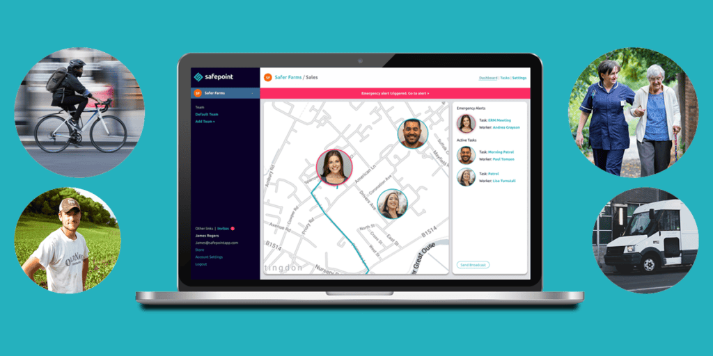 The Safepoint Lone Worker Management Web Portal showing a map of staff and their location on the dashboard