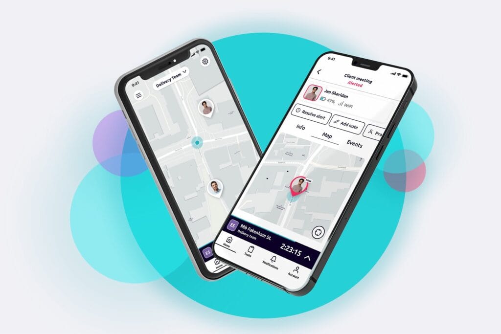 Two smartphone with different screens of the safepoint lone worker app new design showing