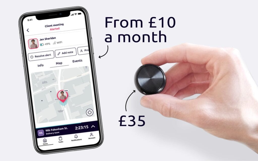 The Safepoint staff safety mobile app on a smartphone with a hand holding the bluetooth panic button quoting the prices are from only £10 per month