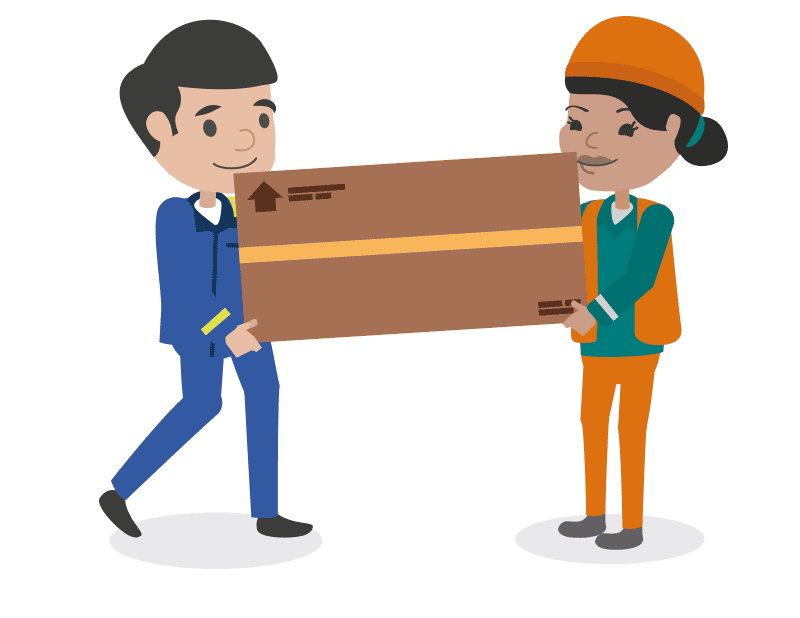 Two employees working together to coordinate a two person safe lift