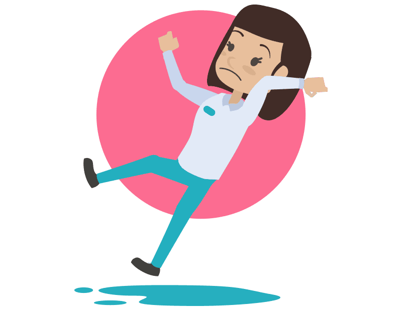 An employee is slipping and falling due to a water spillage on the floor