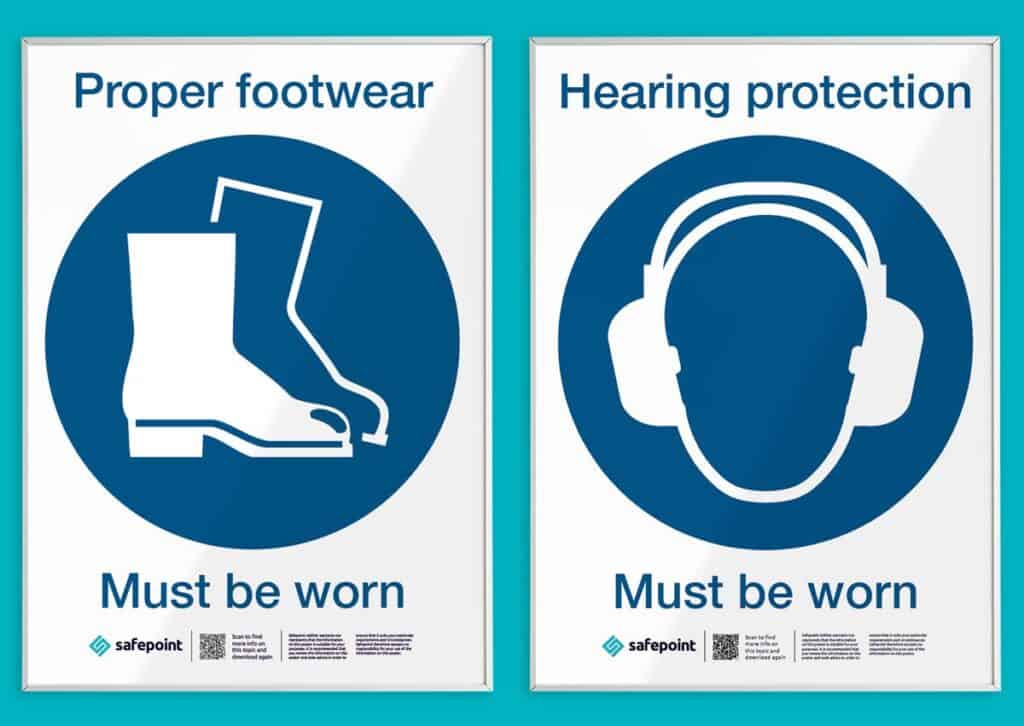 Two free warehouse safety posters covering footwear and hearing safety