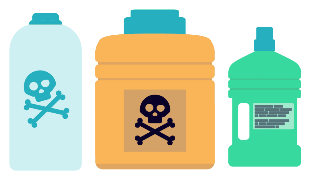 Three bottle of labelled hazardous chemicals