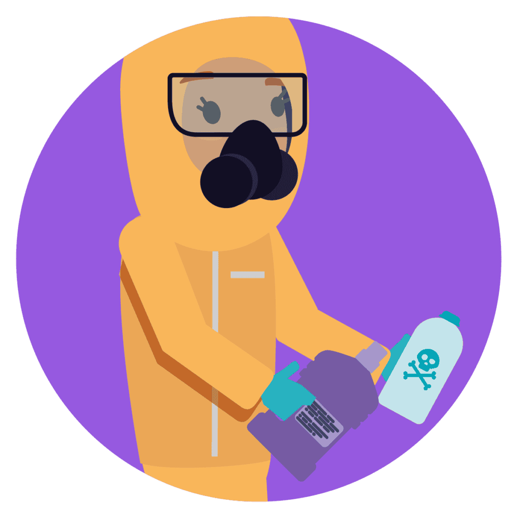 A person in full body PPE handling hazardous chemicals