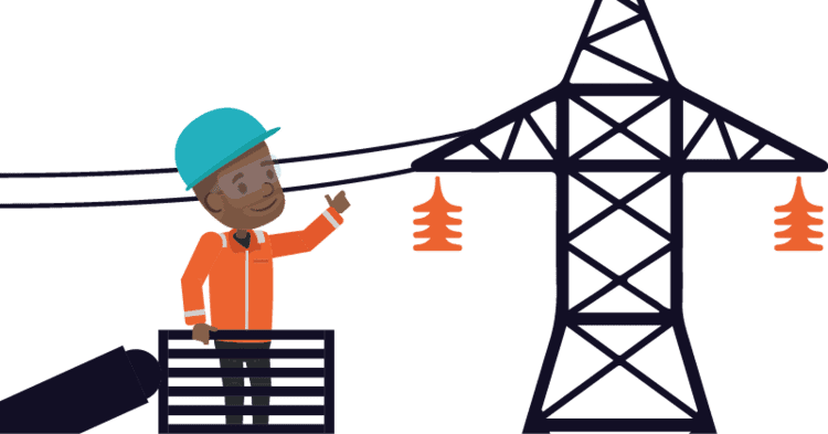 A utility worker checking power lines alone at height