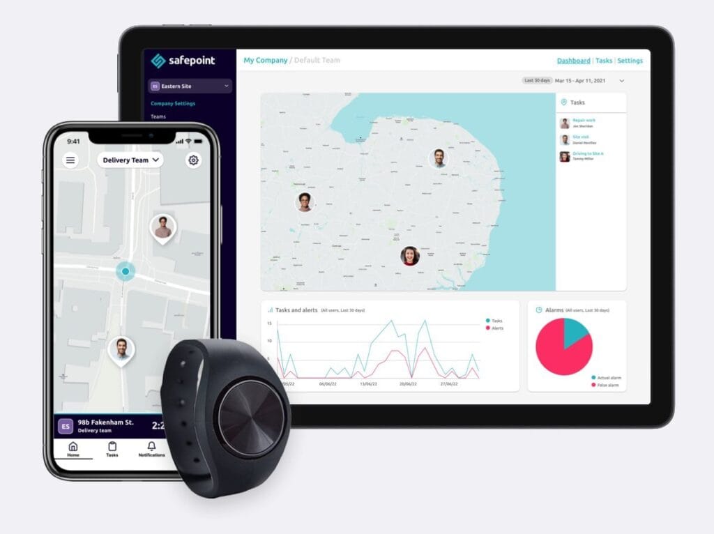 An overview of the safepoint system, showing the app, web portal and wearable panic alarm
