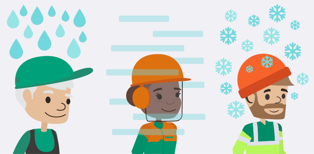 Employees working in various types of adverse weather such as rain, wind and snow