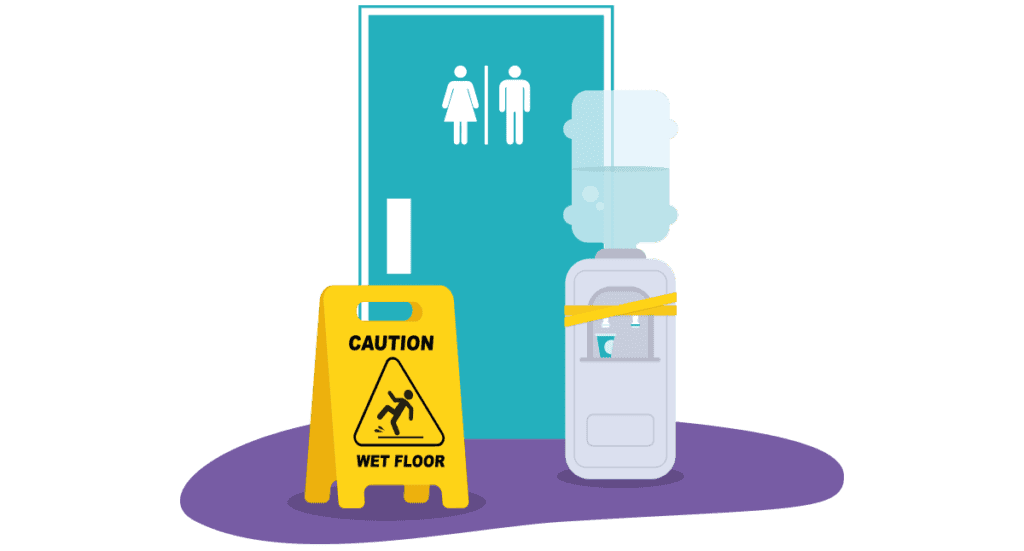 An example of workplace facilities, showing a bathroom and a water cooler