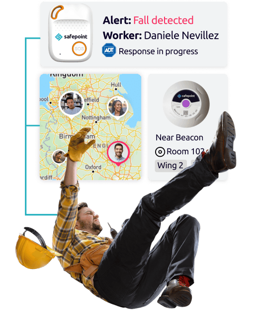 A falling construction worker shown in front of the Safepoint lone worker solution user interface