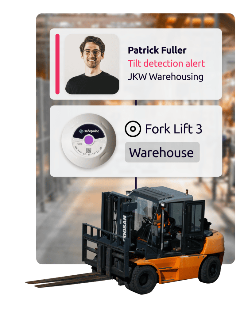 A lone worker triggering an alarm near a location beacon attached to a forklift