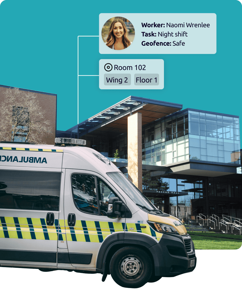 An ambulance outside of a site with location beacons installed