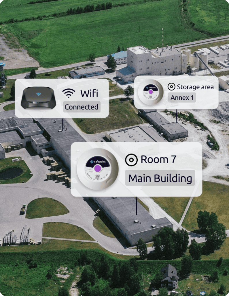An overview of a site where a facilities manager has placed location beacons in high risk areas