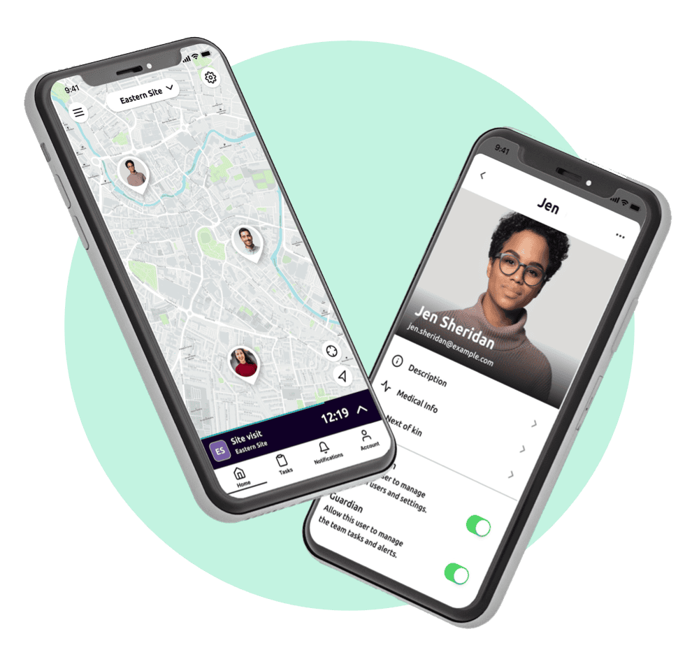 A smartphone showing the Safepoint guardian monitoring screen of the lone working app