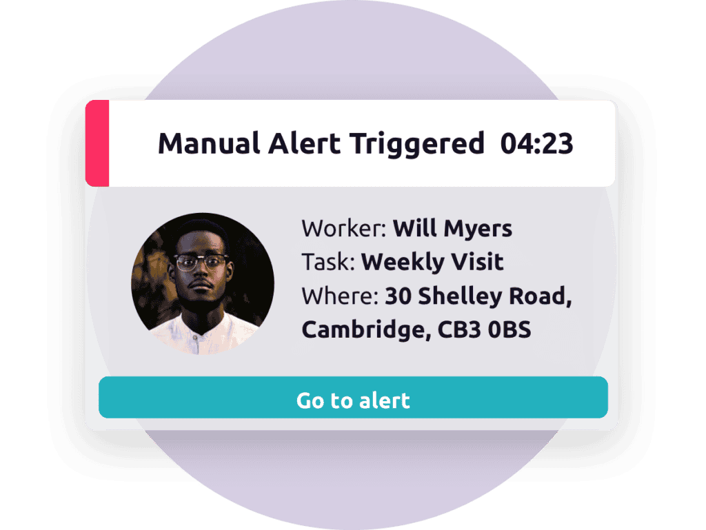 An interface element of a triggered alert for a lone worker