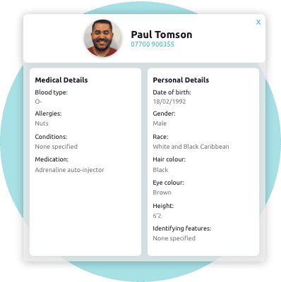 A lone worker's personal details as shown to emergency responders