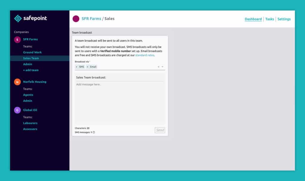 A user interface screenshot of the team broadcast functionality