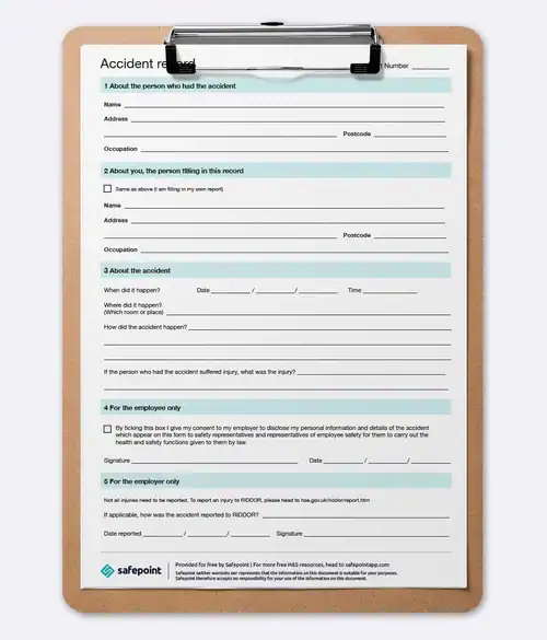 Safepoint free accident reporting template on a clipboard