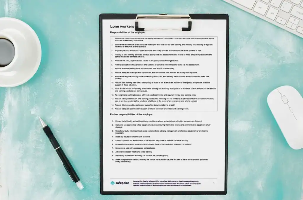 A clipboard with Safepoint's free lone worker policy template attached