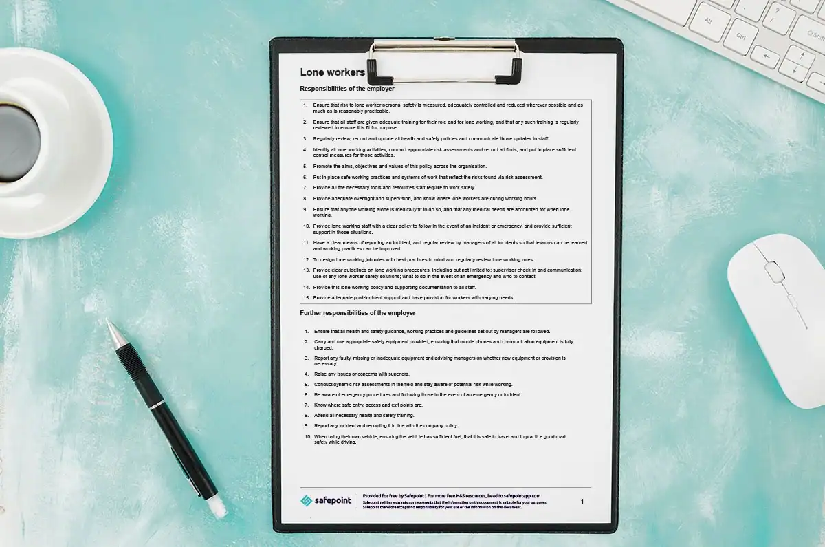 A clipboard with Safepoint's free lone worker policy template attached