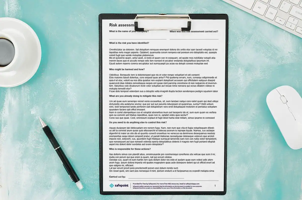 Safepoint free risk assessment template on a clipboard
