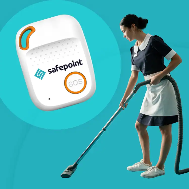 A cleaning employee and safepoints lone worker device for isolated employees