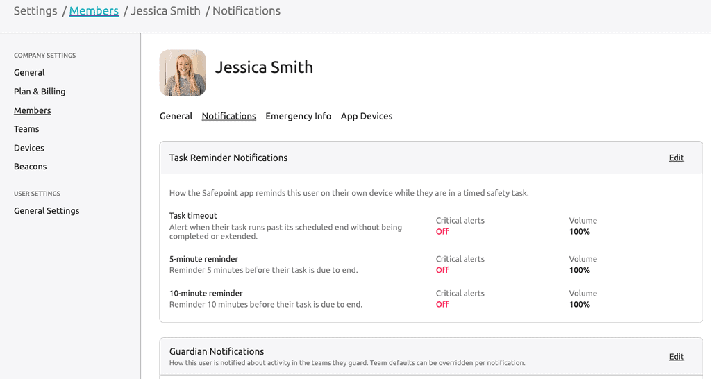 Safepoint's Lone Worker Portal advanced member management page.